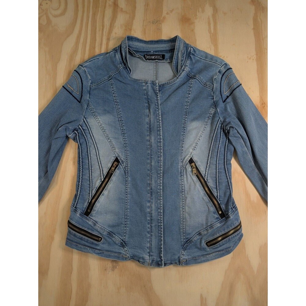 Women's Light Wash Moto Denim Jacket Multi-Zipper Size S Dreamskull